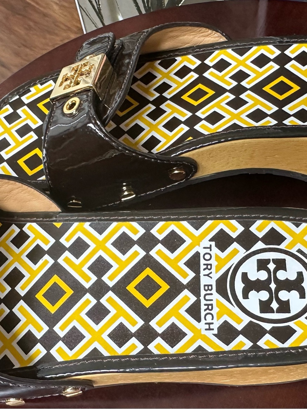 Tory Burch Black Patent Logo Slide Sandals with Yellow-Patterned Footbed